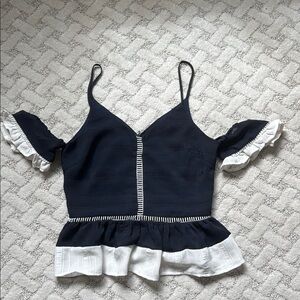 Navy and White Ruffle Trim Women's Top